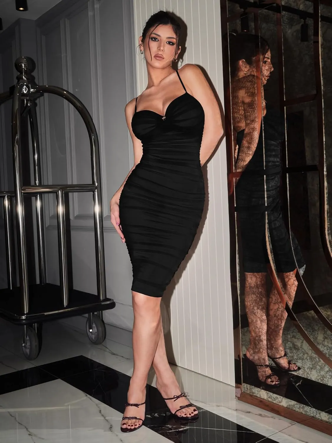Womens Summer Ruched Mesh Bodycon Midi Dress, Built-in Bra and Shapewear, Deep V-Neck and Spaghetti Straps