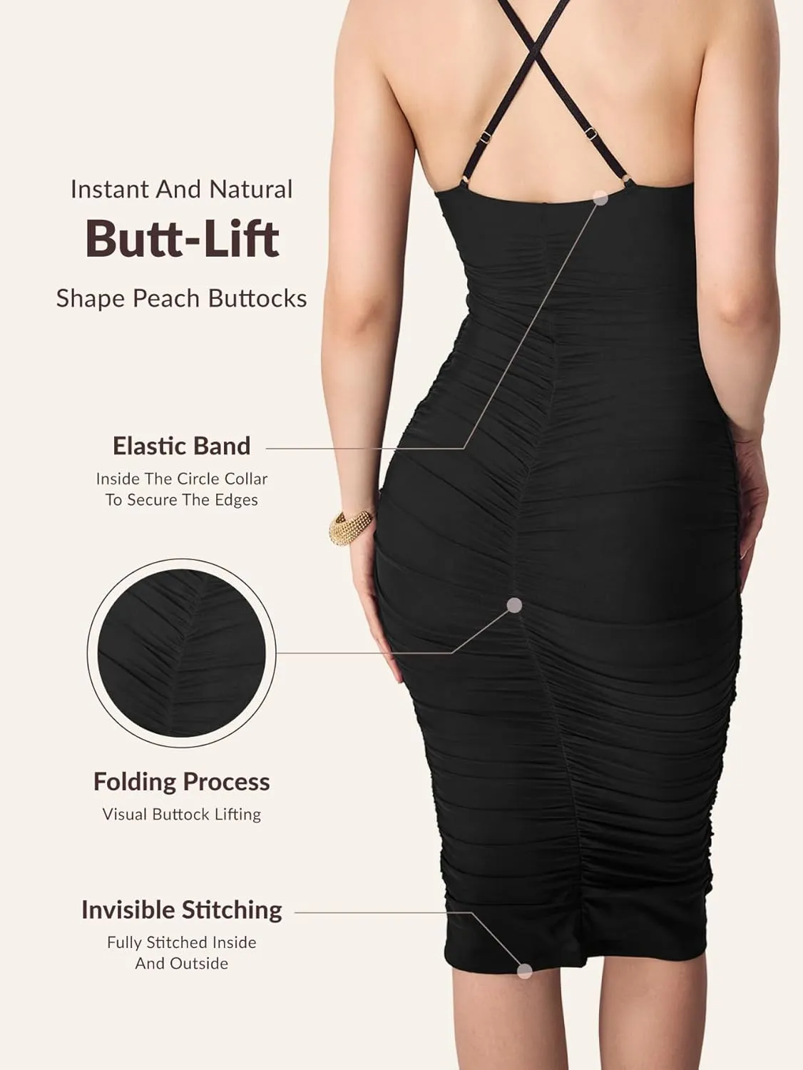 Womens Summer Ruched Mesh Bodycon Midi Dress, Built-in Bra and Shapewear, Deep V-Neck and Spaghetti Straps