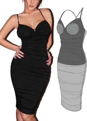 Womens Summer Ruched Mesh Bodycon Midi Dress, Built-in Bra and Shapewear, Deep V-Neck and Spaghetti Straps