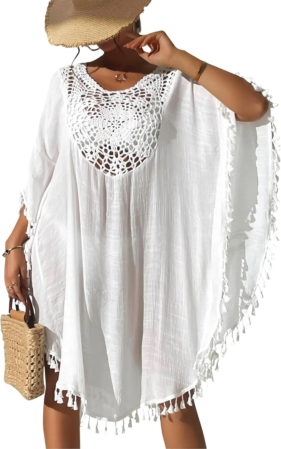 Women's Swimsuit Coverup Crochet Chiffon Tassel Cover Ups Dress Summer Swimwear Beach Lace Pullover Bathing Suit