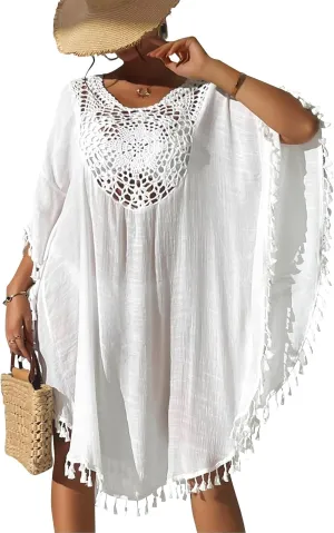 Women's Swimsuit Coverup Crochet Chiffon Tassel Cover Ups Dress Summer Swimwear Beach Lace Pullover Bathing Suit