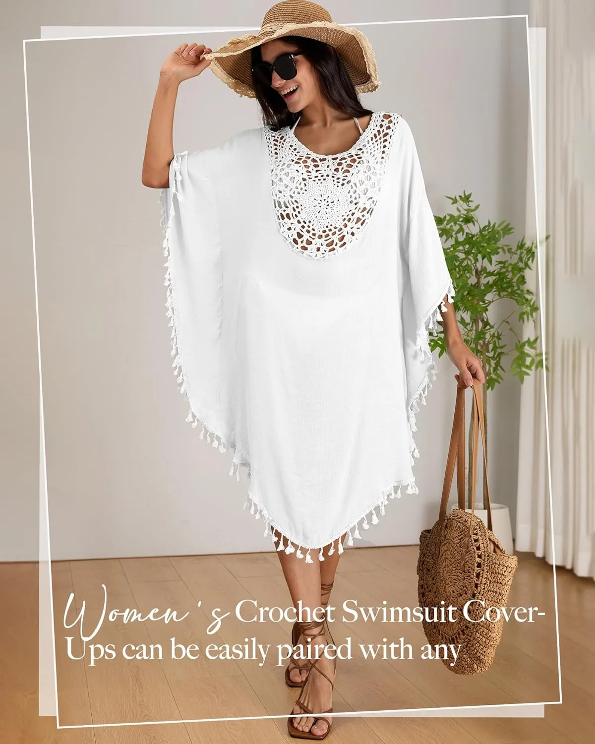 Women's Swimsuit Coverup Crochet Chiffon Tassel Cover Ups Dress Summer Swimwear Beach Lace Pullover Bathing Suit