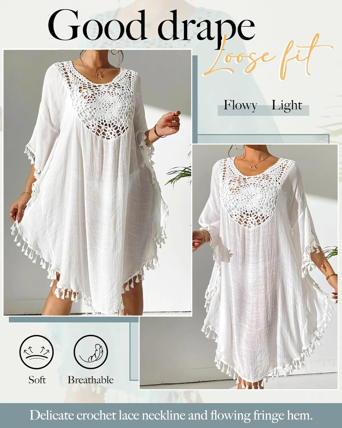Women's Swimsuit Coverup Crochet Chiffon Tassel Cover Ups Dress Summer Swimwear Beach Lace Pullover Bathing Suit