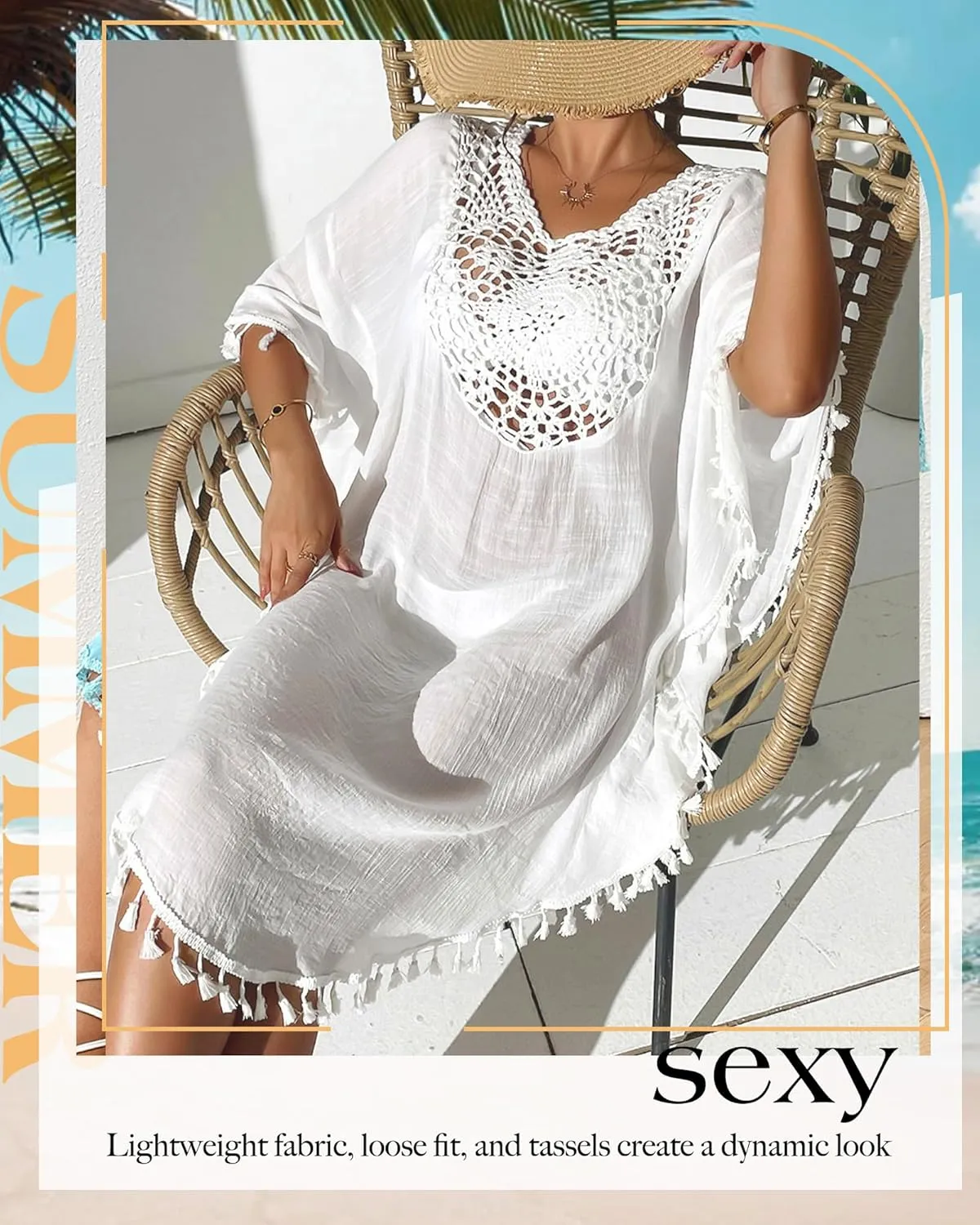 Women's Swimsuit Coverup Crochet Chiffon Tassel Cover Ups Dress Summer Swimwear Beach Lace Pullover Bathing Suit