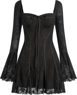 Women's Vintage Long Bell Sleeve Solid Floral Low Cut Lace Ruffle Y2K Mini Dress Corset Cocktail Party Dresses