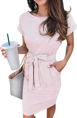 Work Striped Tshirt Dress Women Casual Tie Waist Crew Neck Short Sleeve Midi Office Dress Comfy Wrap T Shirt Dress