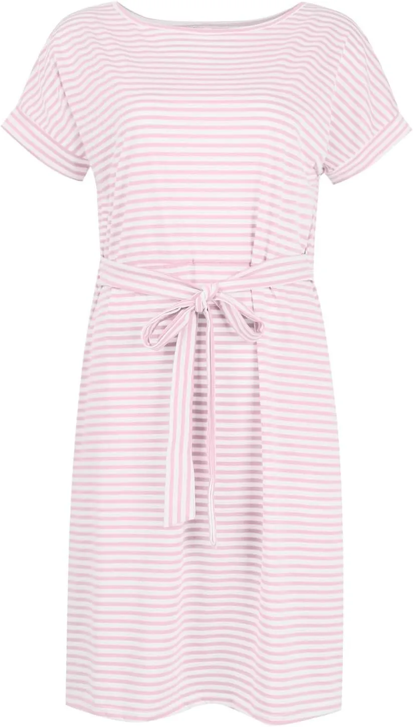 Work Striped Tshirt Dress Women Casual Tie Waist Crew Neck Short Sleeve Midi Office Dress Comfy Wrap T Shirt Dress