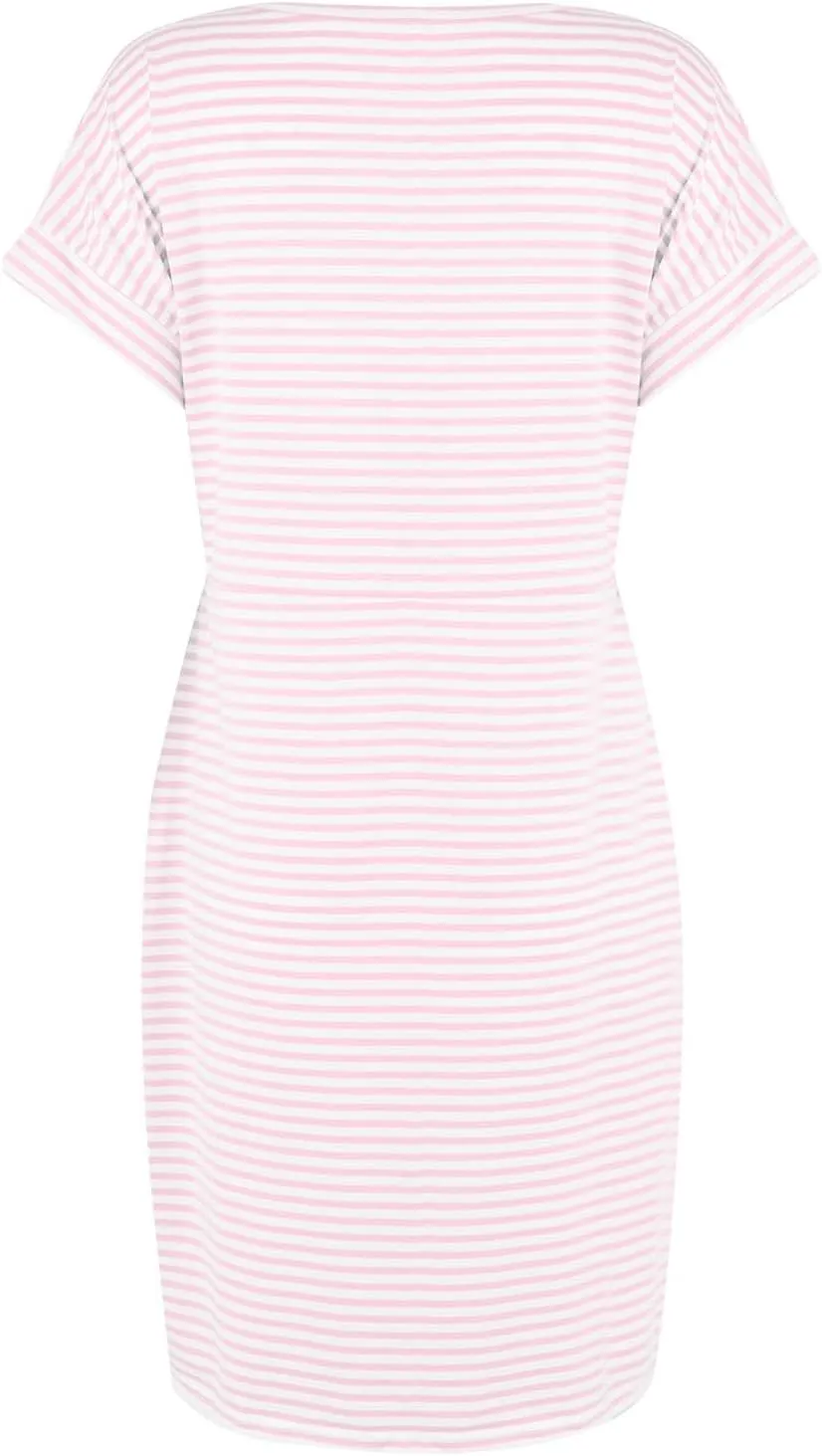 Work Striped Tshirt Dress Women Casual Tie Waist Crew Neck Short Sleeve Midi Office Dress Comfy Wrap T Shirt Dress