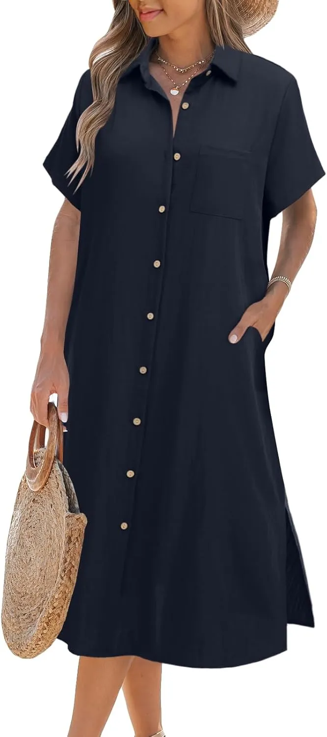 Zeagoo Womens Dress Summer Casual Short Sleeve Button Down Shirt Dresses Beach Cover Up with Pockets