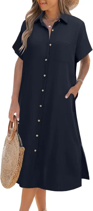 Zeagoo Womens Dress Summer Casual Short Sleeve Button Down Shirt Dresses Beach Cover Up with Pockets