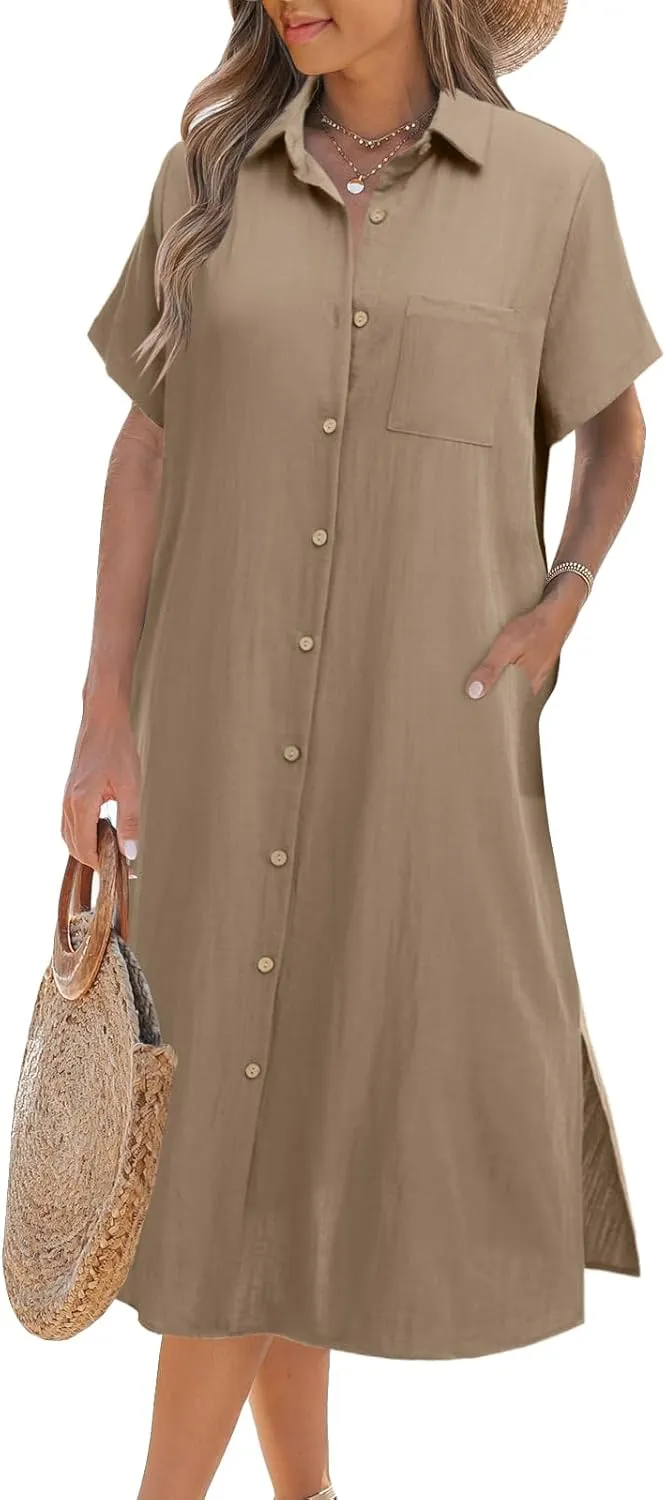 Zeagoo Womens Dress Summer Casual Short Sleeve Button Down Shirt Dresses Beach Cover Up with Pockets