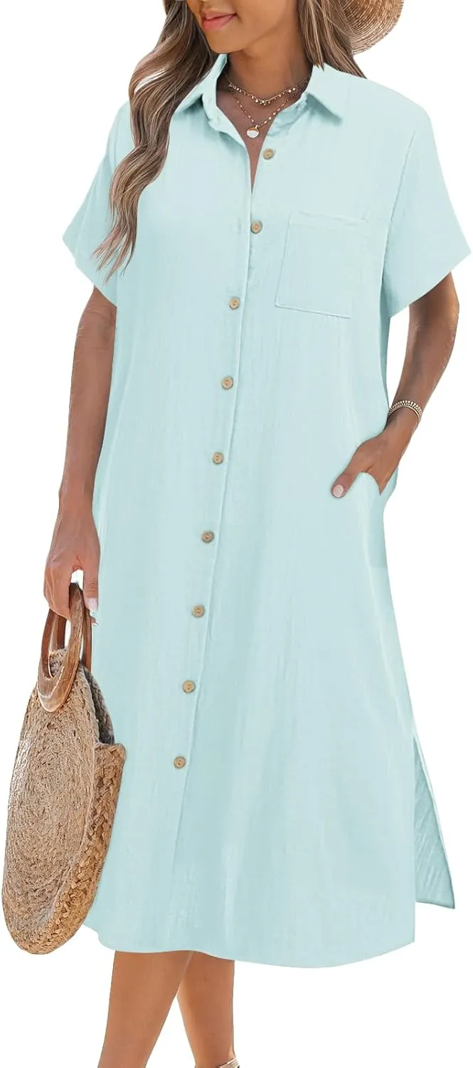 Zeagoo Womens Dress Summer Casual Short Sleeve Button Down Shirt Dresses Beach Cover Up with Pockets