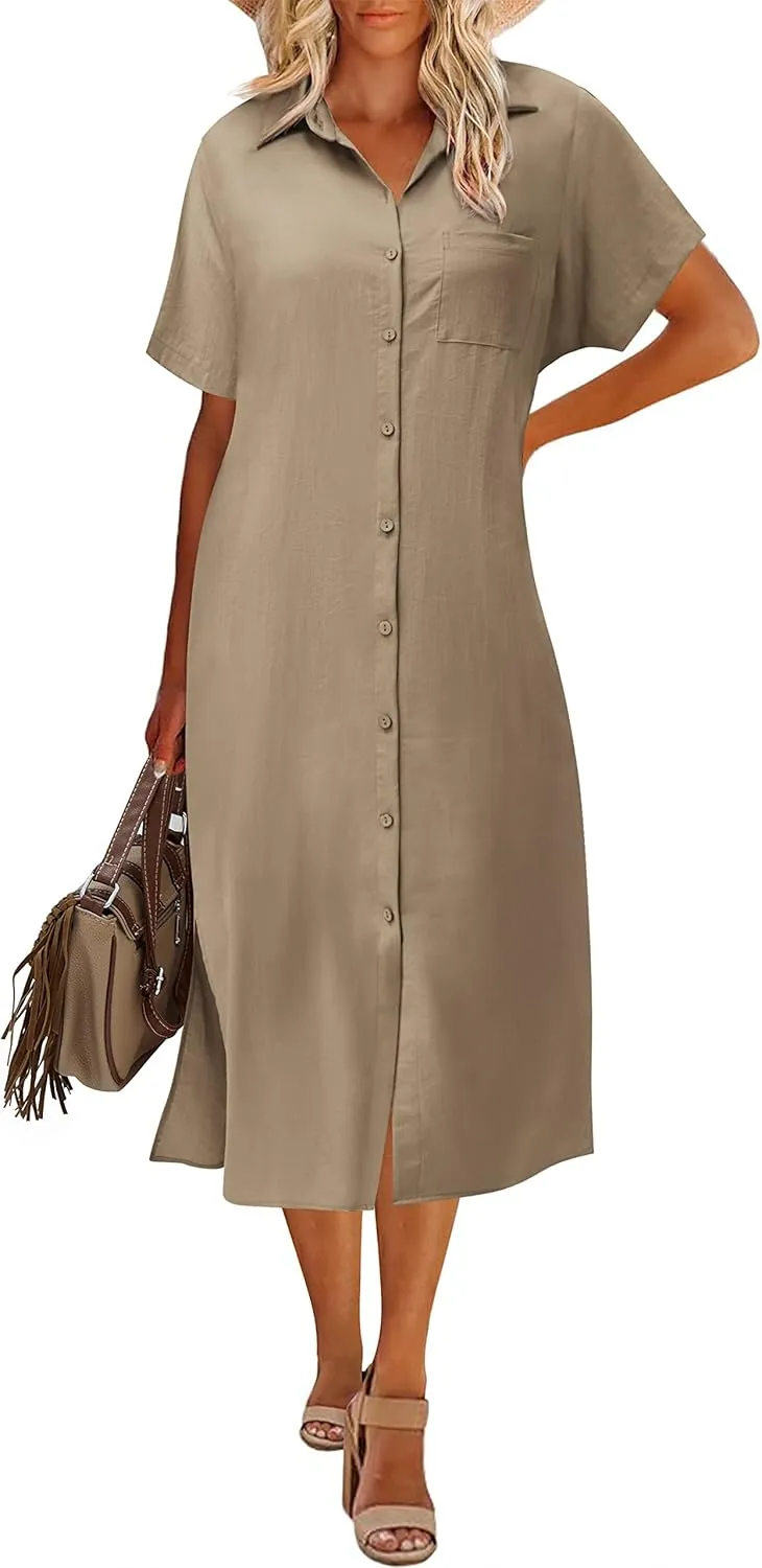 Zeagoo Womens Dress Summer Casual Short Sleeve Button Down Shirt Dresses Beach Cover Up with Pockets
