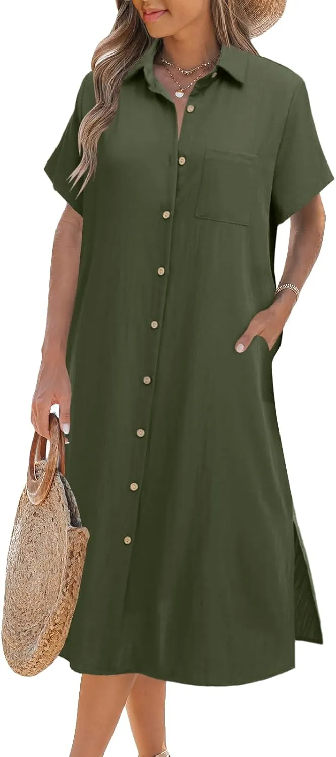 Zeagoo Womens Dress Summer Casual Short Sleeve Button Down Shirt Dresses Beach Cover Up with Pockets