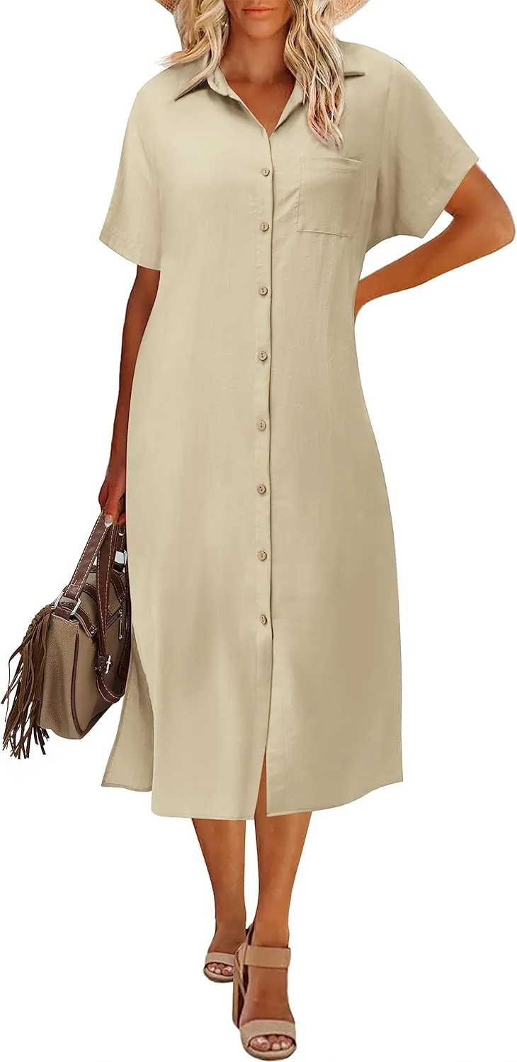 Zeagoo Womens Dress Summer Casual Short Sleeve Button Down Shirt Dresses Beach Cover Up with Pockets
