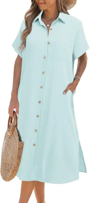 Zeagoo Womens Dress Summer Casual Short Sleeve Button Down Shirt Dresses Beach Cover Up with Pockets