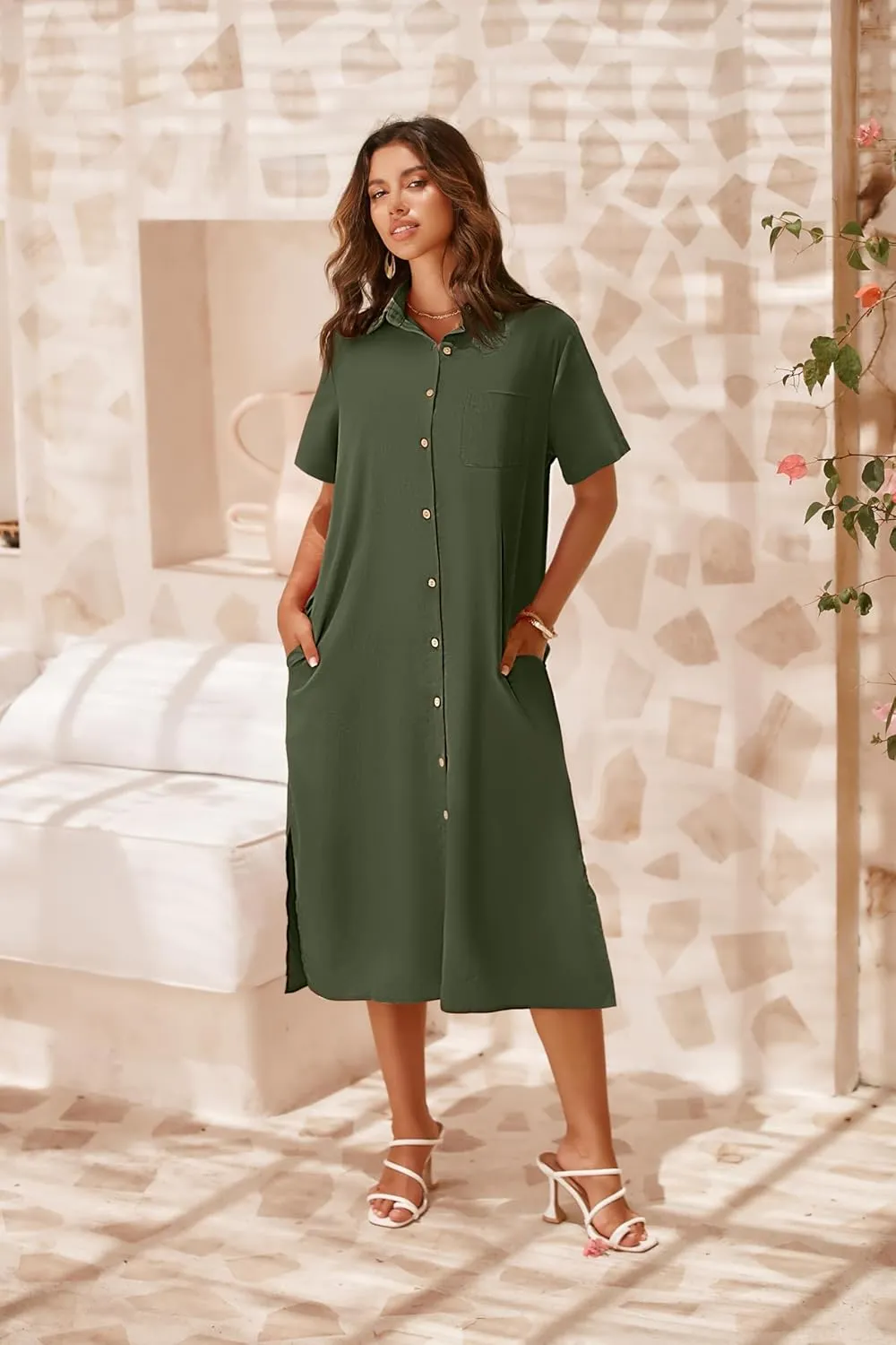 Zeagoo Womens Dress Summer Casual Short Sleeve Button Down Shirt Dresses Beach Cover Up with Pockets