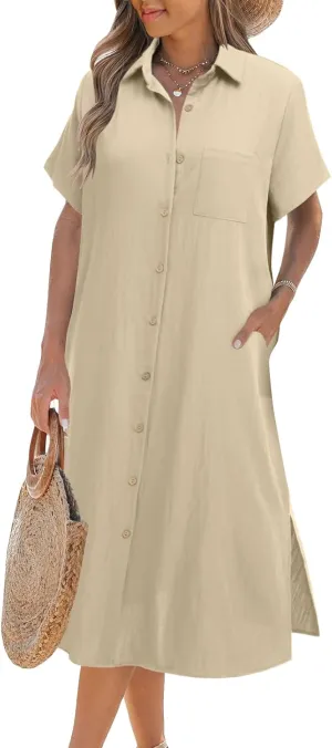 Zeagoo Womens Dress Summer Casual Short Sleeve Button Down Shirt Dresses Beach Cover Up with Pockets