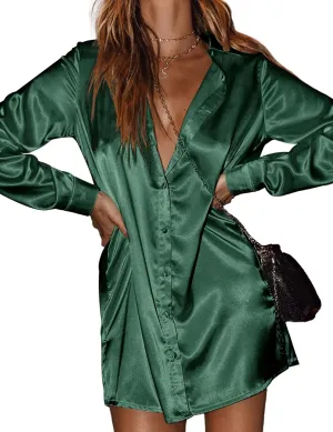 Zeagoo Women's Stain Long Sleeve Dress Button Down Shirts Tunic Dresses Casual V-Neck Mini Dress with Belt