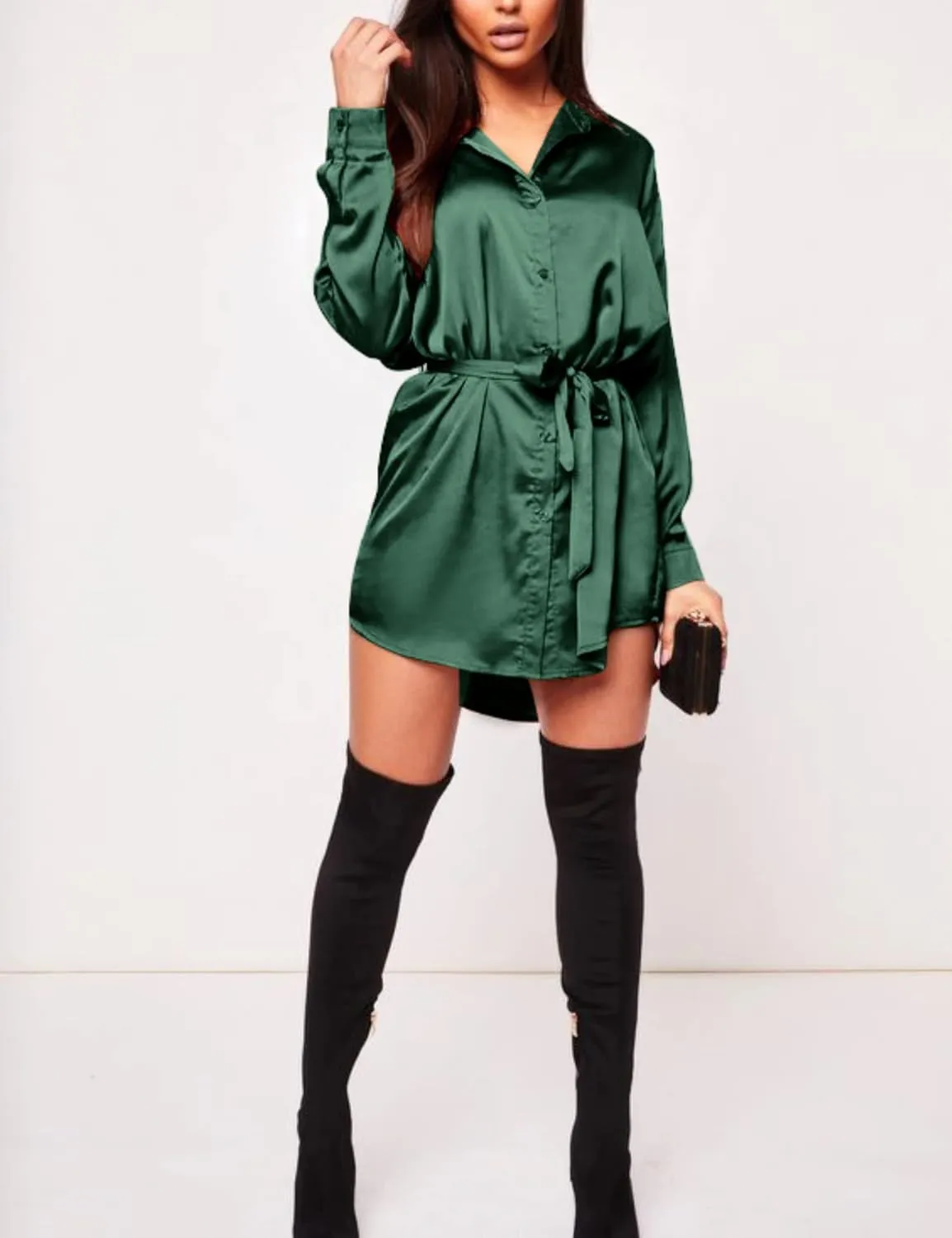 Zeagoo Women's Stain Long Sleeve Dress Button Down Shirts Tunic Dresses Casual V-Neck Mini Dress with Belt