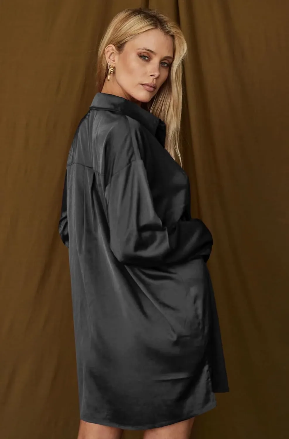 Zeagoo Women's Stain Long Sleeve Dress Button Down Shirts Tunic Dresses Casual V-Neck Mini Dress with Belt