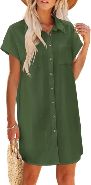 Zeagoo Women's Summer Dress 2025 Cotton Button Down Short Sleeve Tshirt Dresses Casual Flowy V Neck Loose Mini Beach Dress