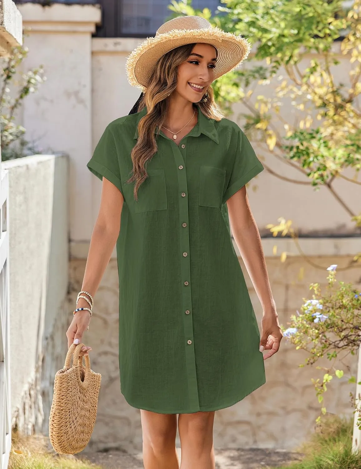 Zeagoo Women's Summer Dress 2025 Cotton Button Down Short Sleeve Tshirt Dresses Casual Flowy V Neck Loose Mini Beach Dress