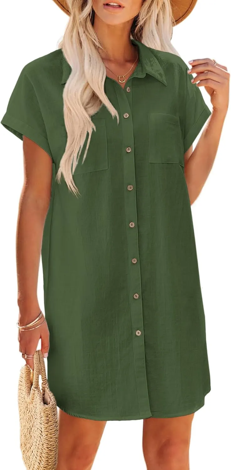 Zeagoo Women's Summer Dress 2025 Cotton Button Down Short Sleeve Tshirt Dresses Casual Flowy V Neck Loose Mini Beach Dress