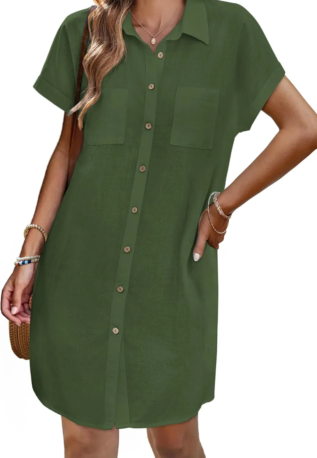 Zeagoo Women's Summer Dress 2025 Cotton Button Down Short Sleeve Tshirt Dresses Casual Flowy V Neck Loose Mini Beach Dress