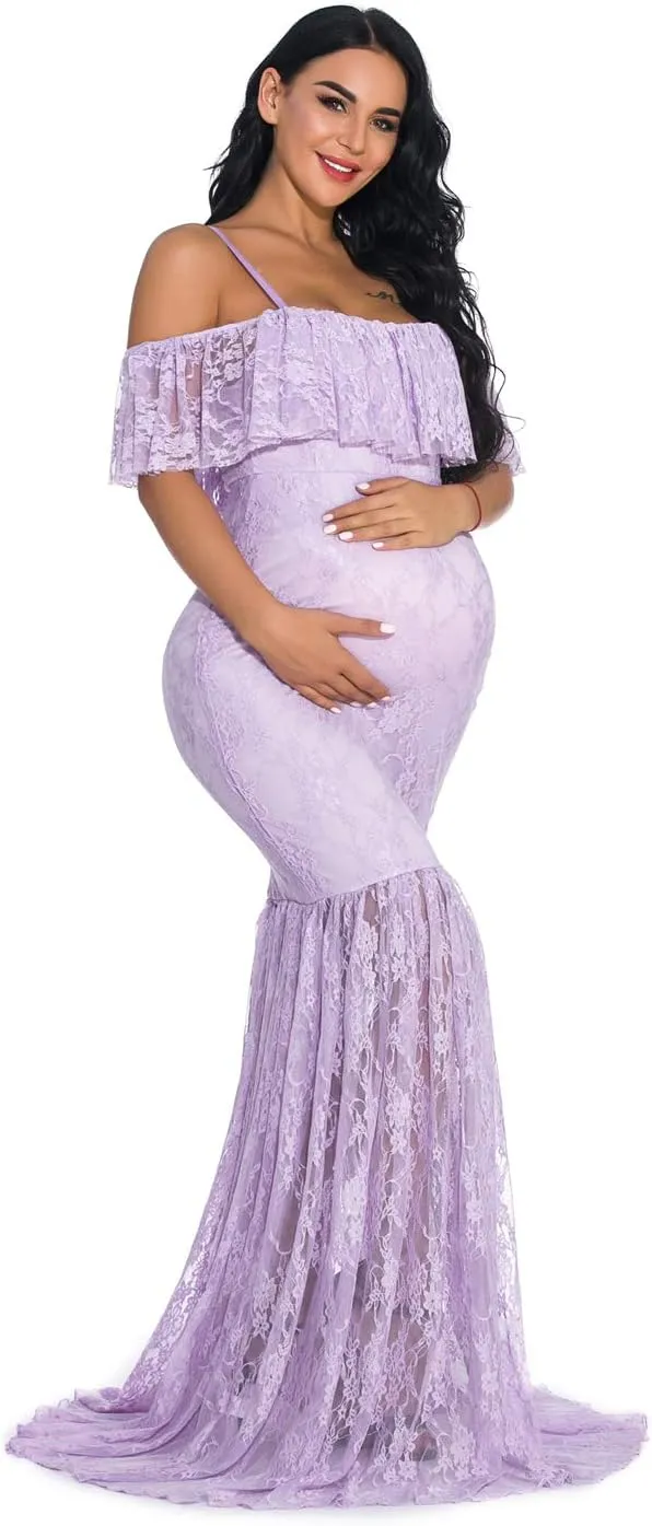 ZIUMUDY Fitted Lace Maternity Gown Ruffle Sleeve Mermaid Off Shoulder Photography Dress Baby Shower