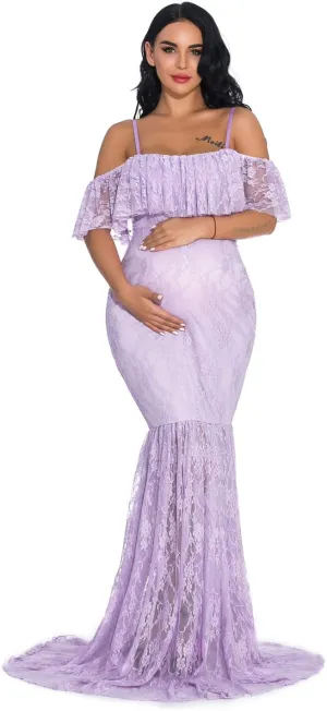 ZIUMUDY Fitted Lace Maternity Gown Ruffle Sleeve Mermaid Off Shoulder Photography Dress Baby Shower