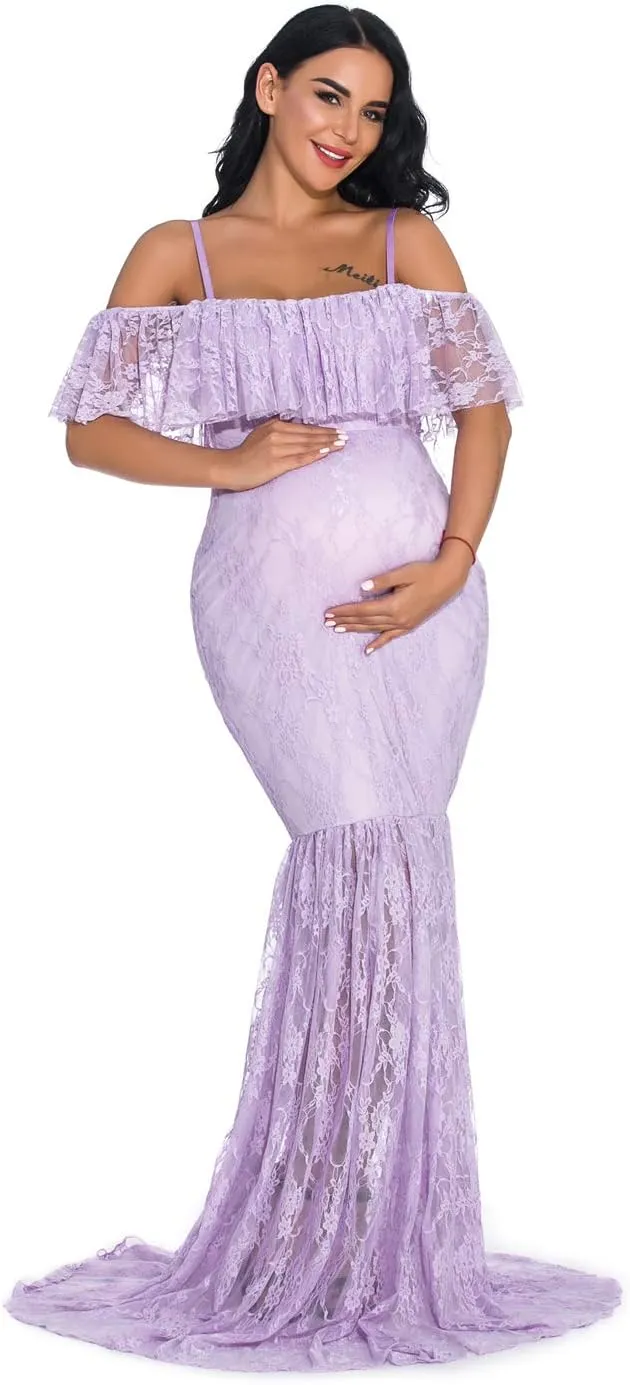 ZIUMUDY Fitted Lace Maternity Gown Ruffle Sleeve Mermaid Off Shoulder Photography Dress Baby Shower