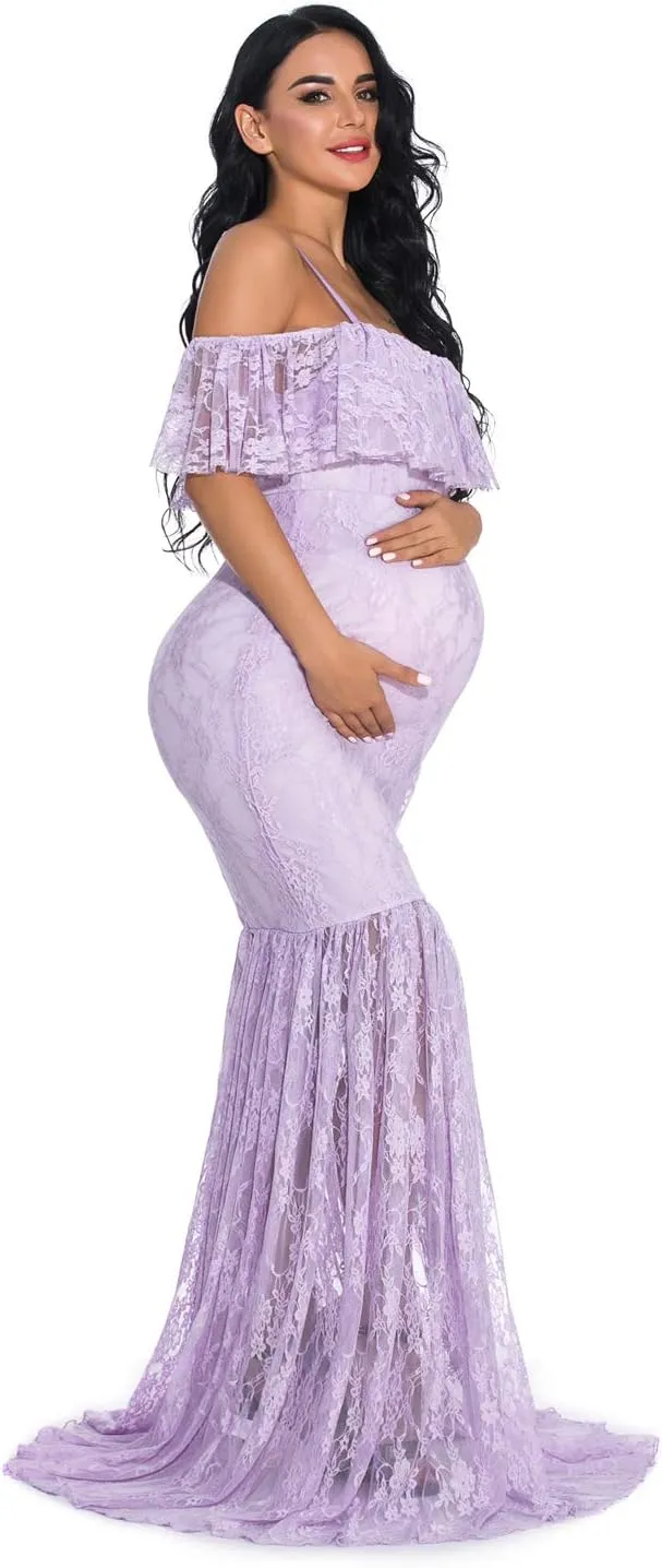 ZIUMUDY Fitted Lace Maternity Gown Ruffle Sleeve Mermaid Off Shoulder Photography Dress Baby Shower