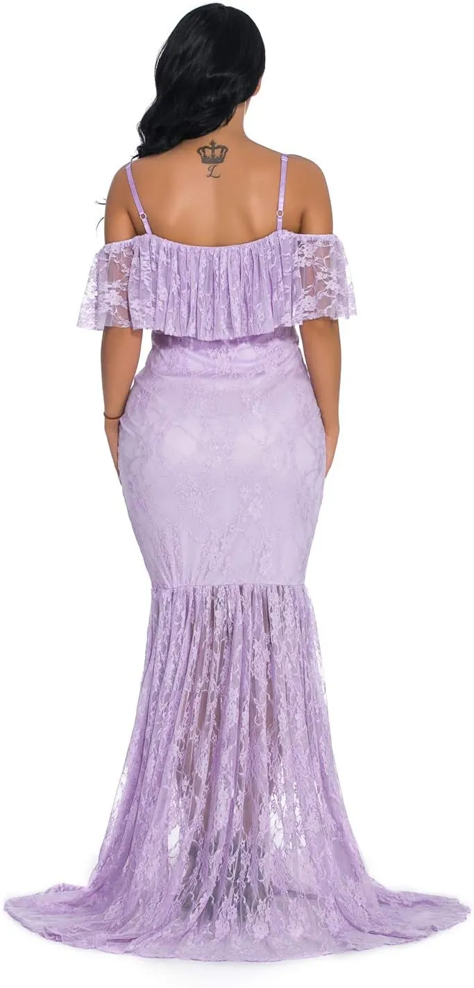 ZIUMUDY Fitted Lace Maternity Gown Ruffle Sleeve Mermaid Off Shoulder Photography Dress Baby Shower